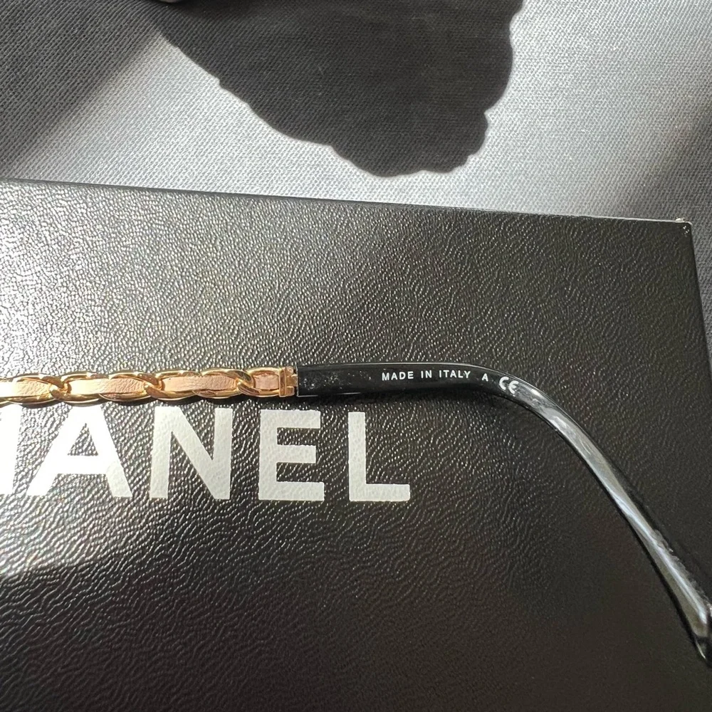 CHANEL 3221-Q Beige Leather Glasses Frames Chain Link EUC Italy Emma Watson